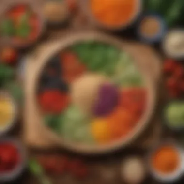 Colorful assortment of fresh vegetables and grains arranged artistically on a wooden table