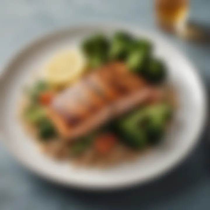 A beautifully plated healthy dinner showcasing grilled salmon with a side of quinoa and steamed broccoli