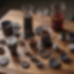 AeroPress coffee maker components laid out on a table