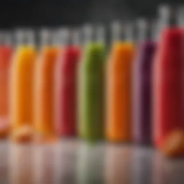 Colorful array of juices in glass bottles