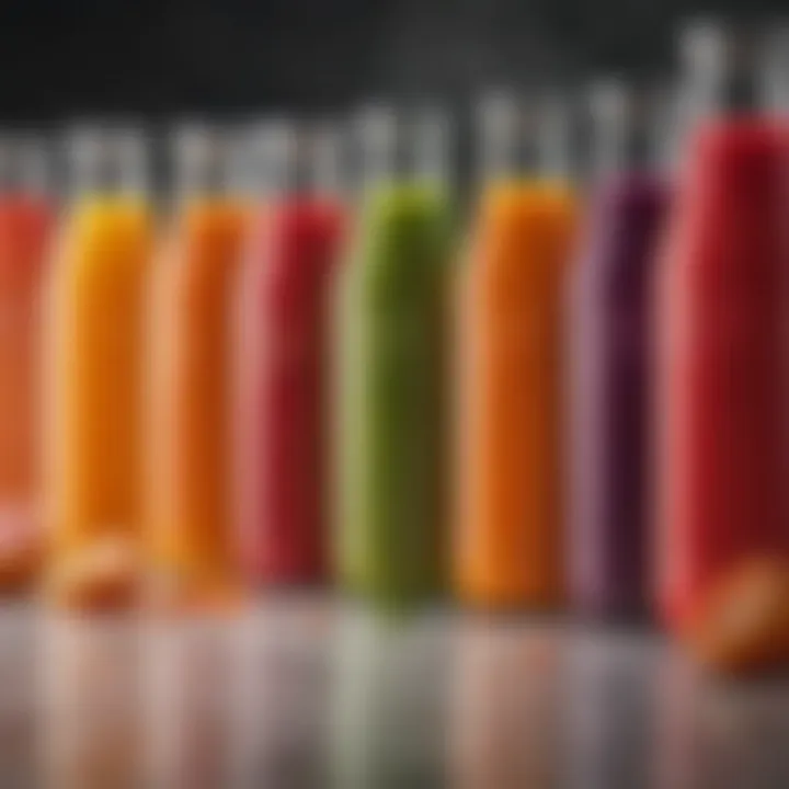 Colorful array of juices in glass bottles