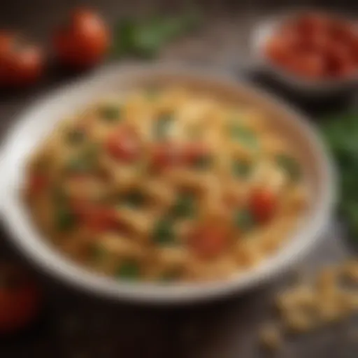 A vibrant bowl of pasta with fresh vegetables
