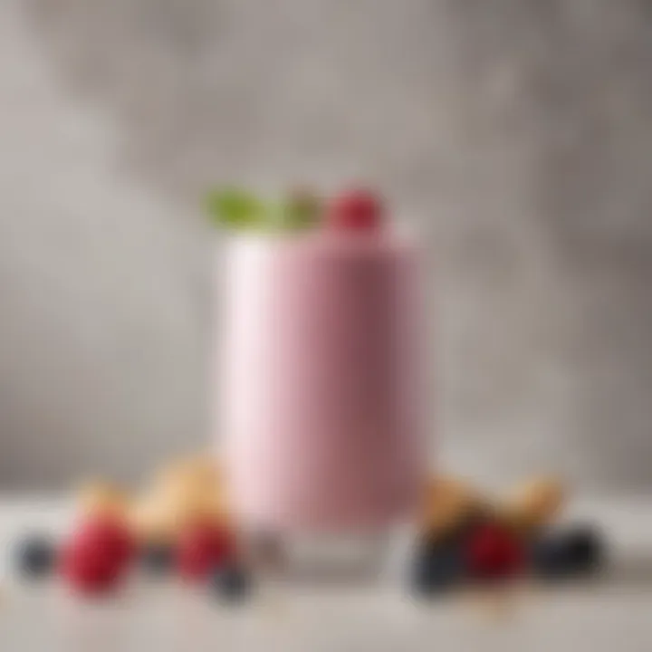 A close-up of a creamy almond milk berry smoothie in a glass with a berry garnish.