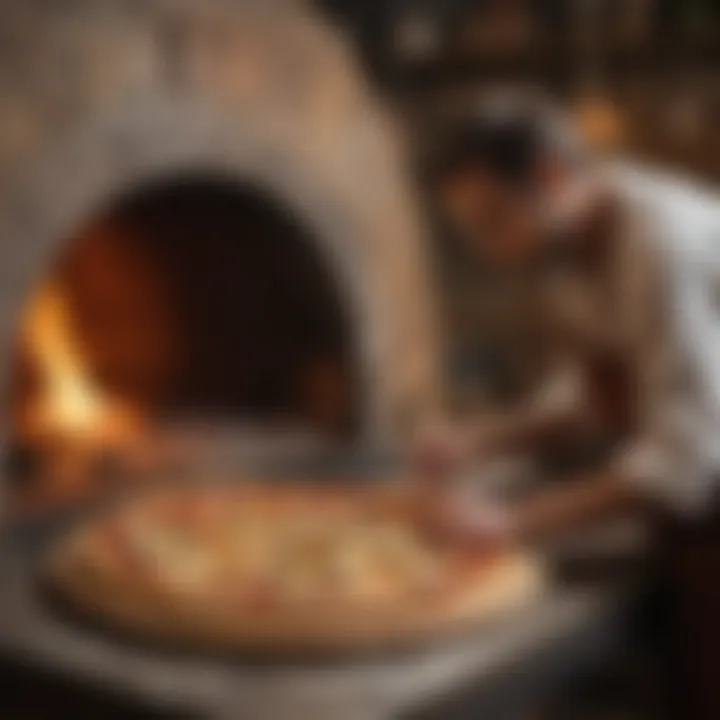 An artisan pizza being placed into a wood-fired oven, emphasizing the art of pizza-making.