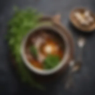 A beautifully styled bowl of AU bone broth garnished with herbs, showcasing culinary artistry