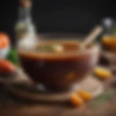 A rich and vibrant bowl of AU bone broth showcasing its deep color and texture