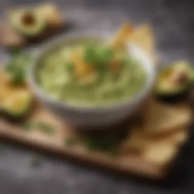 Herb-Infused Avocado Delight A creative avocado dip garnished with herbs and served with tortilla chips