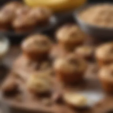 Ingredients showcasing ripe bananas, nuts, and flour arranged on a wooden table