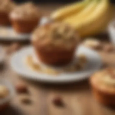 A beautifully plated banana nut muffin garnished with nuts and banana slices