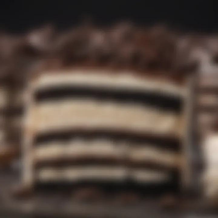 Close-up of the Oreo cake's layers revealing the creamy filling and chocolate crumbles.