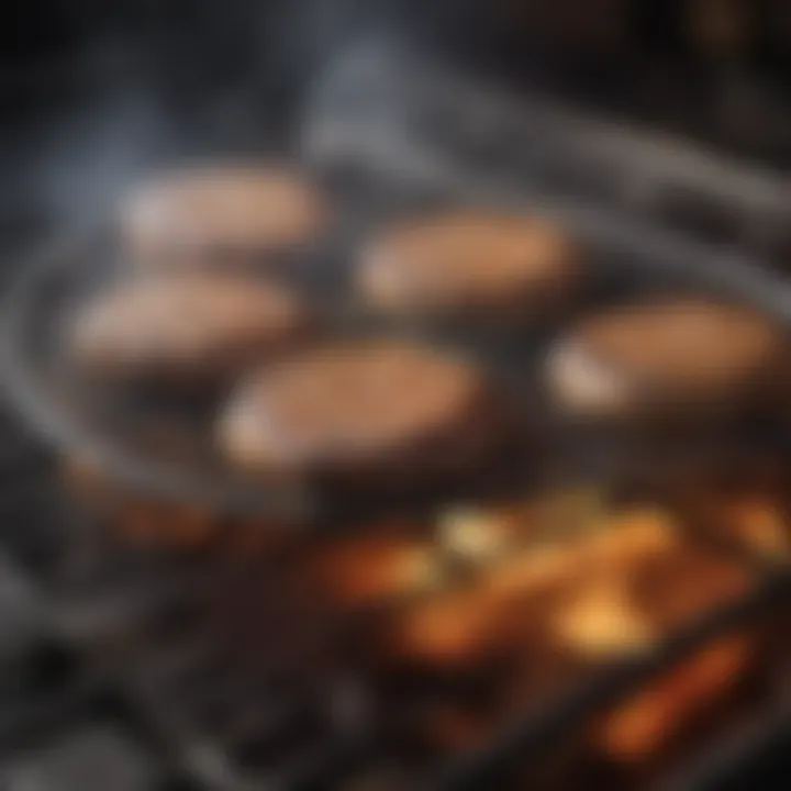 BBQ grill pan with holes placed on a grill with smoke rising