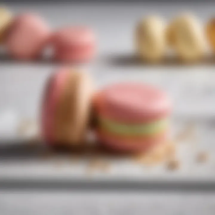 Close-up of a macaron split in half showcasing its creamy filling