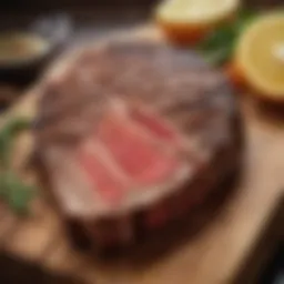Juicy cuts of steak arranged on a wooden board