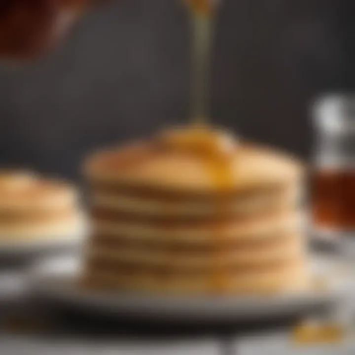 A close-up view of homemade pancake syrup drizzling over a stack of fluffy pancakes.