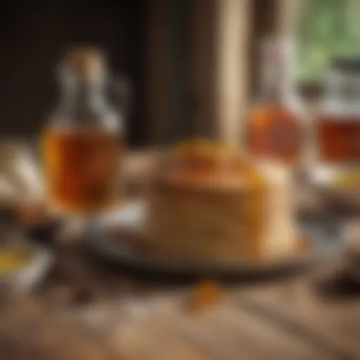 A variety of low-glycemic pancake syrups displayed on a rustic wooden table.