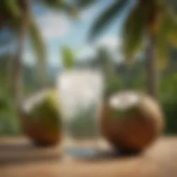 Refreshing glass of coconut water with tropical backdrop