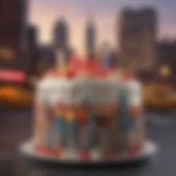 Artfully decorated birthday cake against a city backdrop