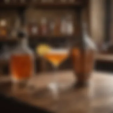 A rustic bar setup featuring the Bourbon Bee's Knees cocktail and a cocktail shaker