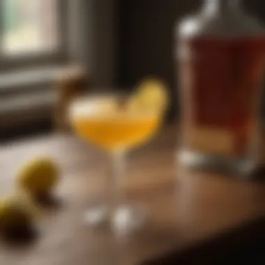 A golden-colored Bourbon Bee's Knees cocktail garnished with a lemon twist