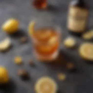 A close-up of the ingredients used in a Bourbon Bee's Knees cocktail: bourbon, honey, and lemon juice