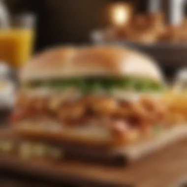 An artistic presentation of the BWW Chicken Sandwich on a wooden table