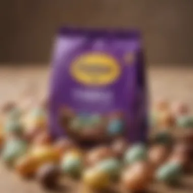 An artistic arrangement of Cadbury Mini Eggs in a small bag against a festive background.