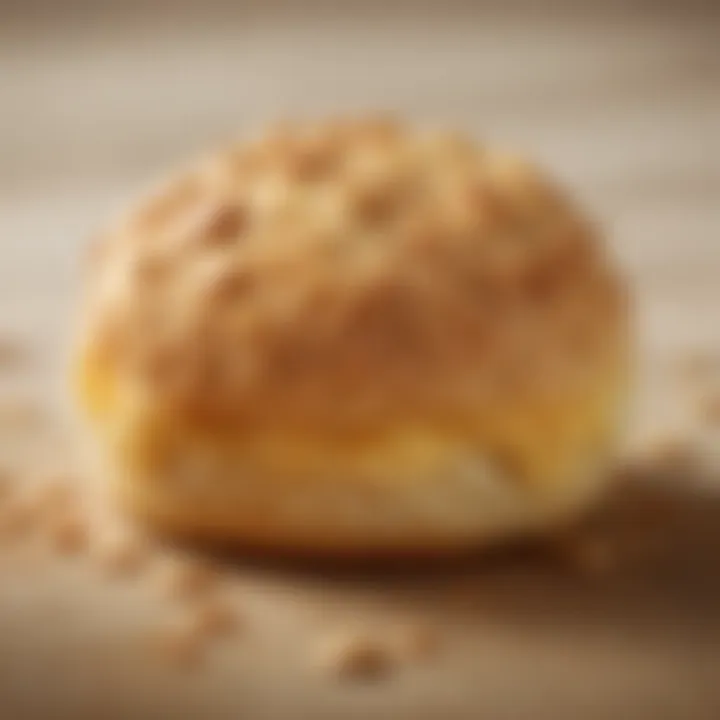 Close-up of a biscuit with a golden crust, revealing its flaky texture and rich ingredients.