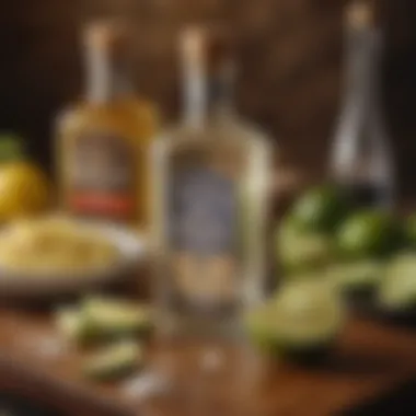 A bottle of tequila beside fresh ingredients like lime and garlic