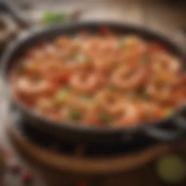 A close-up of shrimp sizzling in a skillet