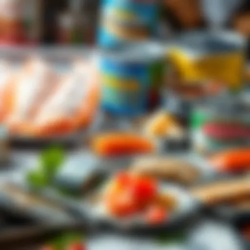 A selection of canned fish varieties beautifully arranged.
