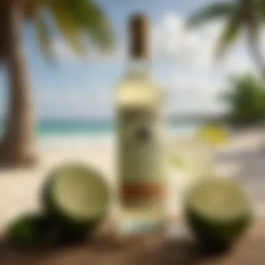 A bottle of Captain Morgan Key Lime Rum against a tropical backdrop