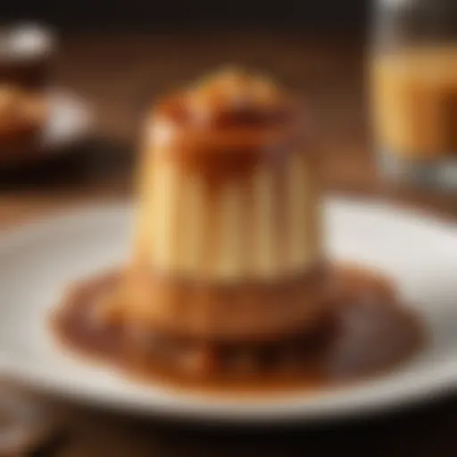 A beautifully plated caramel pudding drizzled with sauce