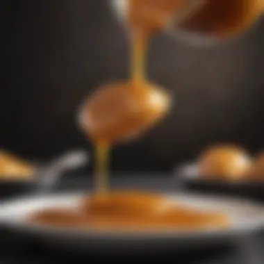 Luscious Caramel Sauce in the Making A rich, golden caramel sauce being poured