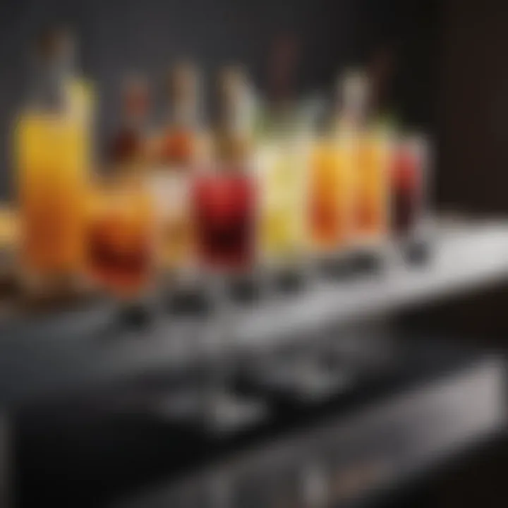 A stylish beverage station with a selection of drinks, garnished elegantly, set in a sophisticated party environment.