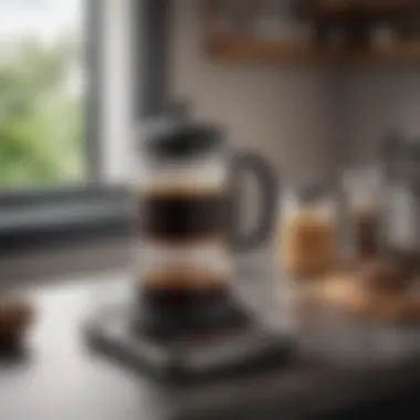 A stylish countertop featuring a coffee grinder and French press setup.