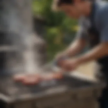 A person demonstrating the proper technique for scrubbing a grill