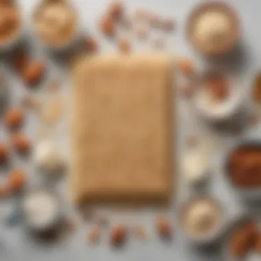 An assortment of ingredients used in coconut almond butter bars, including almonds, coconut, and sweeteners.