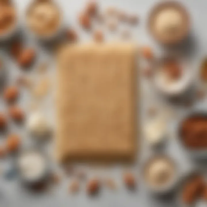 An assortment of ingredients used in coconut almond butter bars, including almonds, coconut, and sweeteners.