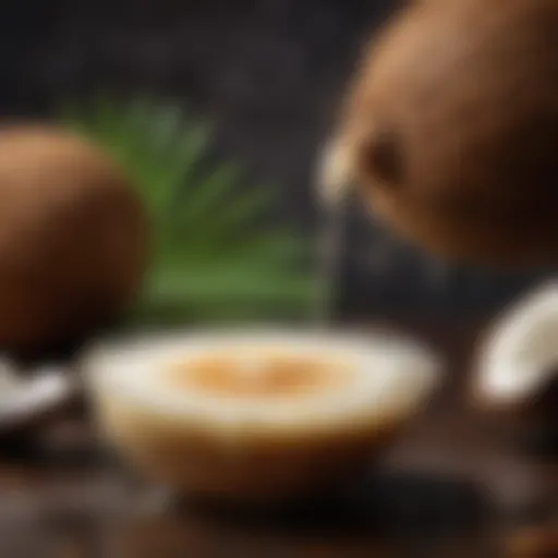 A close-up of coconut syrup drizzling over a tropical cocktail