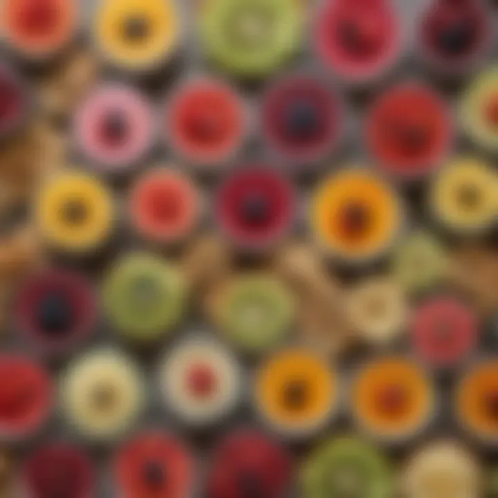 An array of colorful fruit dips arranged artistically with an assortment of fruits
