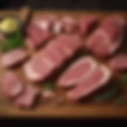 Variety of meat cuts displayed on a wooden board