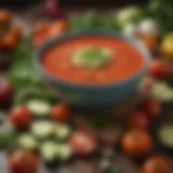 A vibrant assortment of fresh vegetables commonly used in gazpacho, including ripe tomatoes, cucumbers, and bell peppers.