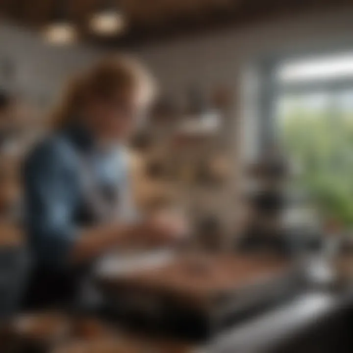 A person examining the features of a coffee roaster in a well-lit home kitchen.