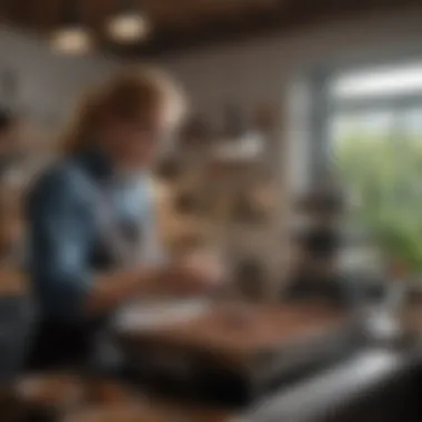 Evaluating Coffee Roaster Features A person examining the features of a coffee roaster in a well-lit home kitchen.