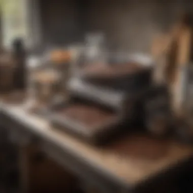 An assortment of coffee roasting equipment and tools organized neatly on a workbench.