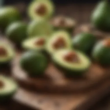 Fresh avocados displayed on a wooden table