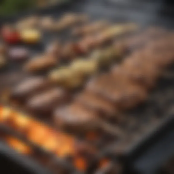 A vibrant outdoor grilling scene with foods seasoned with Blackstone All Purpose Seasoning on the grill.