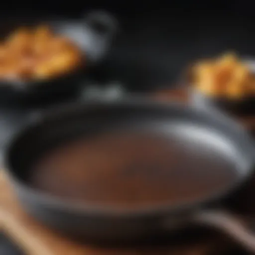 Close-up view of a well-seasoned carbon steel pan showcasing its smooth surface and natural patina.