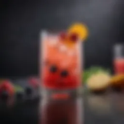 Elegant cocktail glass filled with a vibrant Everclear cocktail garnished with fresh fruits