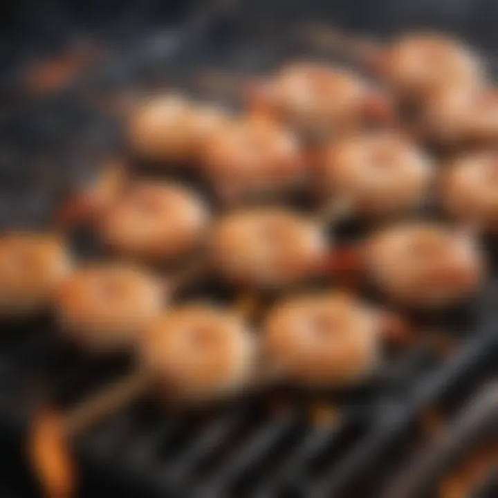 Shrimp skewers on a grill with flames